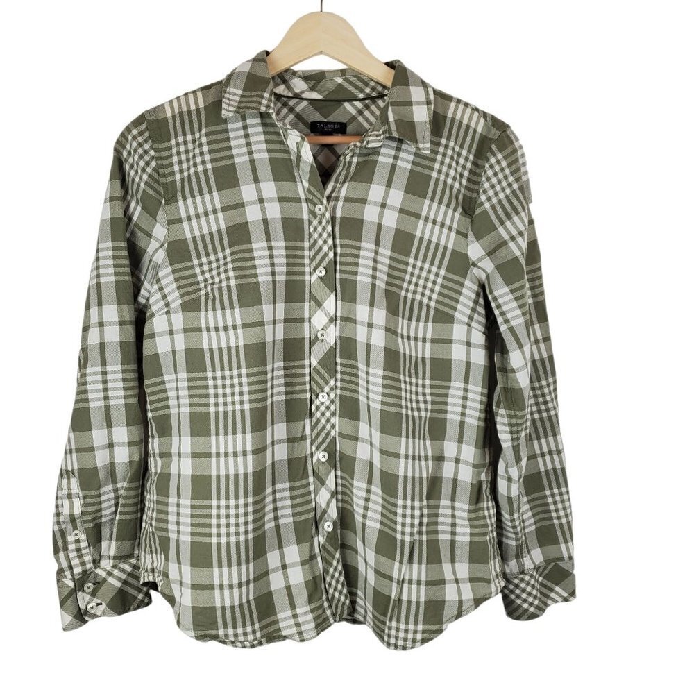 TALBOTS Button Up Shirt Green Cream Plaid Womens MP Medium Petite Gorpcore